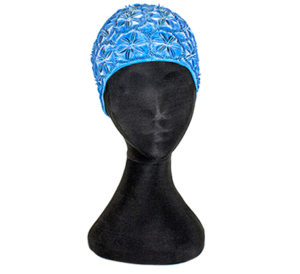 Light blue rubber bathing cap shaped to cover the ears and back of the head, with flowers in relief pattern over the surface.