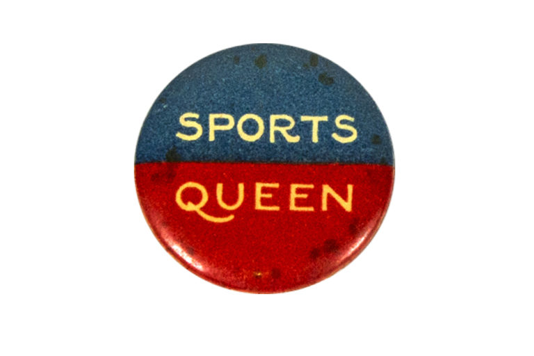 Round badge with top half blue and bottom half red showing text 'Sports Queen'