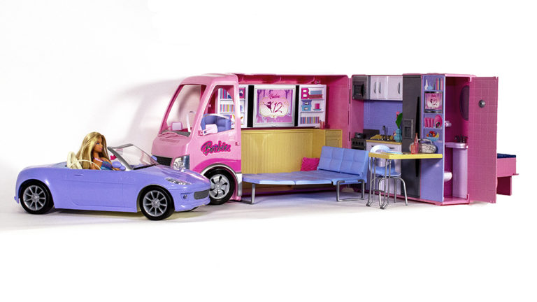 Pink plastic dolls van with purple plastic car
