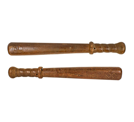 Two sides of a wooden baton shaped object carved with a swastika and Italian Fascist symbol.